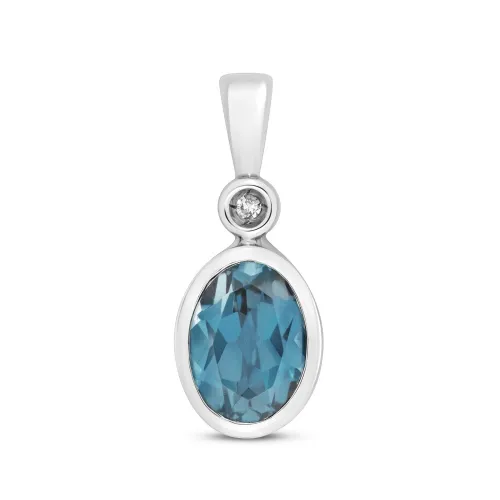 Diamond 0.005ct and Oval London Blue Topaz Pendant 7X5mm 9ct White Gold